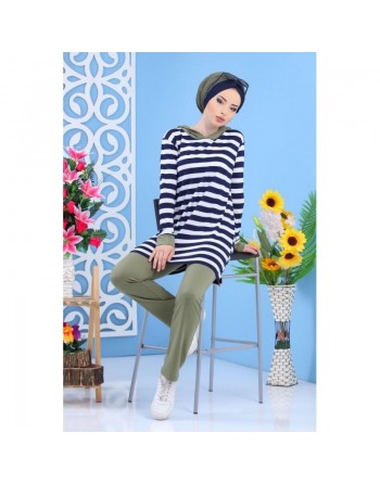 Ensemble décontracté pour femme : Pantalon Kaki + Tunique de couleur blanche à rayures bleues marines (2 pièces) 