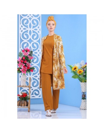 Ensemble décontracté 3 pièces Pantalon + Haut + Cardigan pour femme - Couleur Jaune Moutarde - Tenue moderne pour femme 