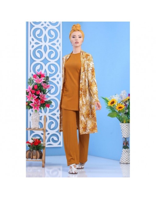 Ensemble décontracté 3 pièces Pantalon + Haut + Cardigan pour femme - Couleur Jaune Moutarde - Tenue moderne pour femme 