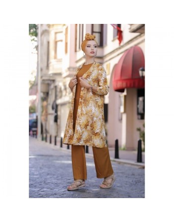 Ensemble décontracté 3 pièces Pantalon + Haut + Cardigan pour femme - Couleur Jaune Moutarde - Tenue moderne pour femme 