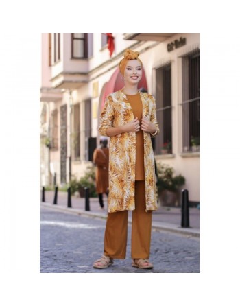 Ensemble décontracté 3 pièces Pantalon + Haut + Cardigan pour femme - Couleur Jaune Moutarde - Tenue moderne pour femme 