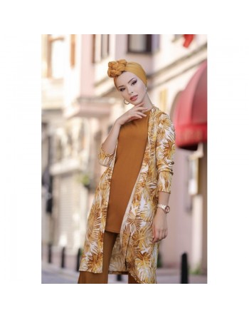 Ensemble décontracté 3 pièces Pantalon + Haut + Cardigan pour femme - Couleur Jaune Moutarde - Tenue moderne pour femme 