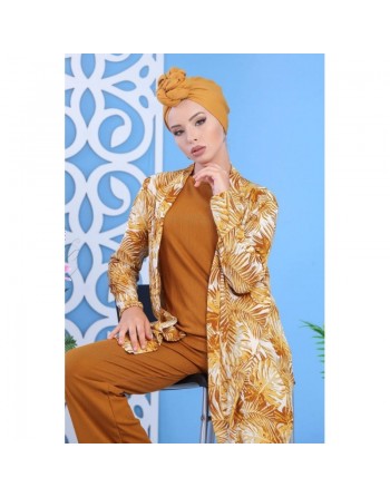 Ensemble décontracté 3 pièces Pantalon + Haut + Cardigan pour femme - Couleur Jaune Moutarde - Tenue moderne pour femme 