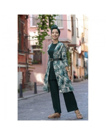 Ensemble décontracté 3 pièces Pantalon + Haut + Cardigan pour femme - Couleur Vert émeraude 