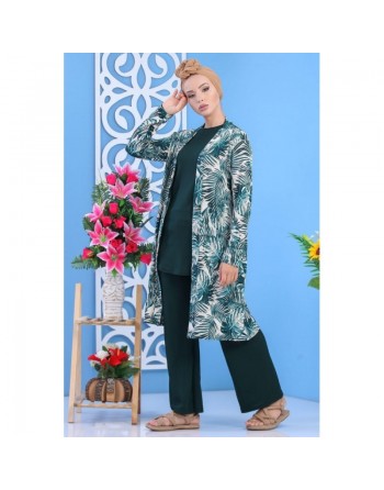 Ensemble décontracté 3 pièces Pantalon + Haut + Cardigan pour femme - Couleur Vert émeraude 