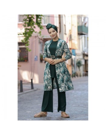 Ensemble décontracté 3 pièces Pantalon + Haut + Cardigan pour femme - Couleur Vert émeraude 