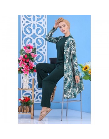Ensemble décontracté 3 pièces Pantalon + Haut + Cardigan pour femme - Couleur Vert émeraude 