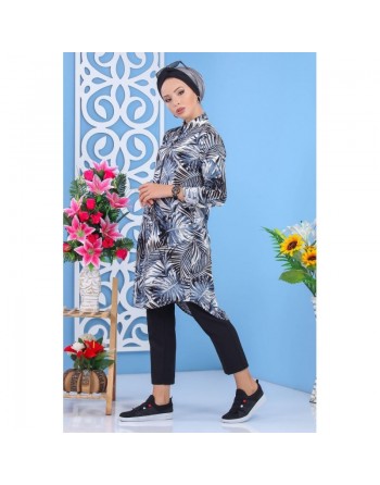 Chemise longue 100% coton à motifs "tropical" de couleur bleu pour femme style décontracté 
