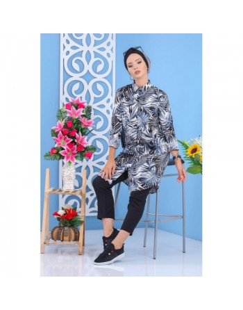 Chemise longue 100% coton à motifs "tropical" de couleur bleu pour femme style décontracté 