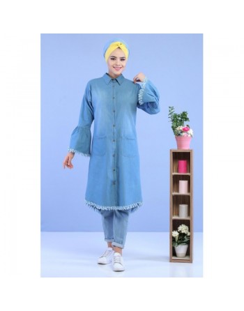 Chemise longue en jean clair (vêtement mastour pour femme) 