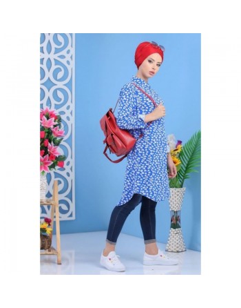 Chemise Longue à motifs (100% coton) pour femme - Couleur bleue 