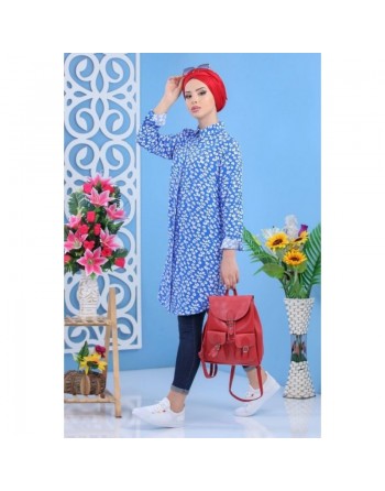 Chemise Longue à motifs (100% coton) pour femme - Couleur bleue 