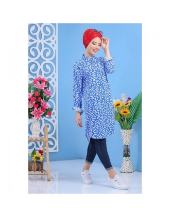 Chemise Longue à motifs (100% coton) pour femme - Couleur bleue 