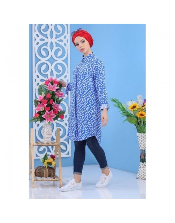 Chemise Longue à motifs (100% coton) pour femme - Couleur bleue 
