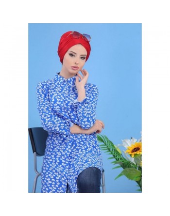 Chemise Longue à motifs (100% coton) pour femme - Couleur bleue 