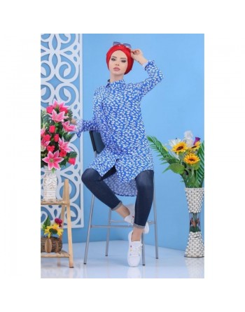 Chemise Longue à motifs (100% coton) pour femme - Couleur bleue 