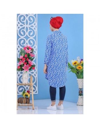 Chemise Longue à motifs (100% coton) pour femme - Couleur bleue 