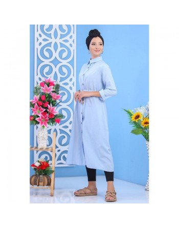 Tunique chemise longue avec cordon et boutons tout au long - Couleur Bleu ciel 