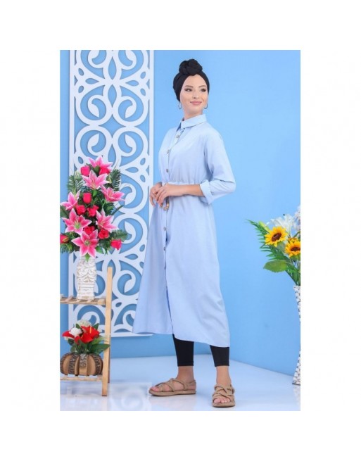 Tunique chemise longue avec cordon et boutons tout au long - Couleur Bleu ciel Tunique chemise longue avec cordon et boutons tout au long - Couleur Bleu ciel