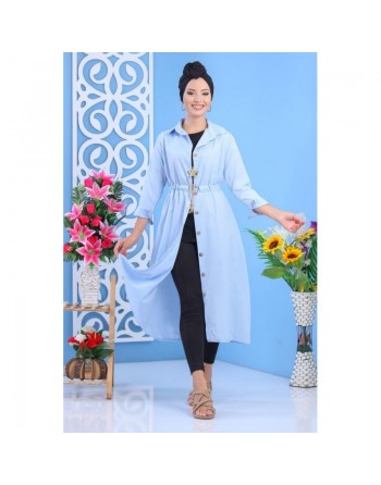 Tunique chemise longue avec cordon et boutons tout au long - Couleur Bleu ciel 