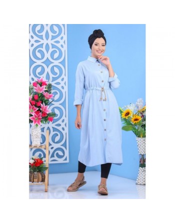 Tunique chemise longue avec cordon et boutons tout au long - Couleur Bleu ciel 