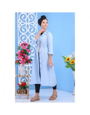 Tunique chemise longue avec cordon et boutons tout au long - Couleur Bleu ciel 
