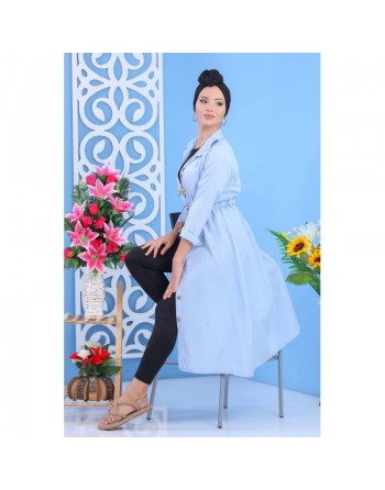 Tunique chemise longue avec cordon et boutons tout au long - Couleur Bleu ciel 