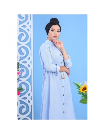Tunique chemise longue avec cordon et boutons tout au long - Couleur Bleu ciel 
