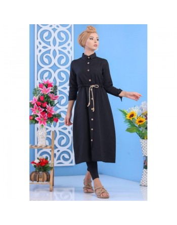Tunique chemise longue avec cordon et boutons tout au long pour femme - Couleur Noir 