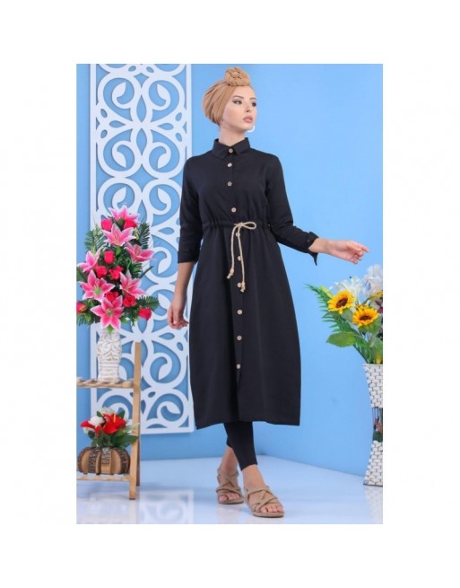Tunique chemise longue avec cordon et boutons tout au long pour femme - Couleur Noir Tunique chemise longue avec cordon et boutons tout au long pour femme - Couleur Noir