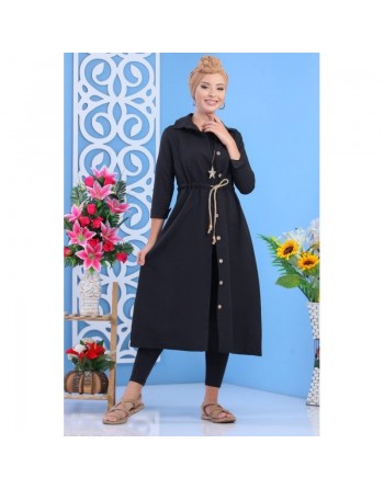 Tunique chemise longue avec cordon et boutons tout au long pour femme - Couleur Noir 