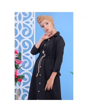 Tunique chemise longue avec cordon et boutons tout au long pour femme - Couleur Noir 