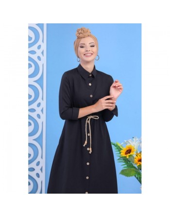Tunique chemise longue avec cordon et boutons tout au long pour femme - Couleur Noir 