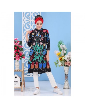 Tunique longue et ample en viscose pour femme - Couleur noire à imprimé floral avec des motifs colorés 