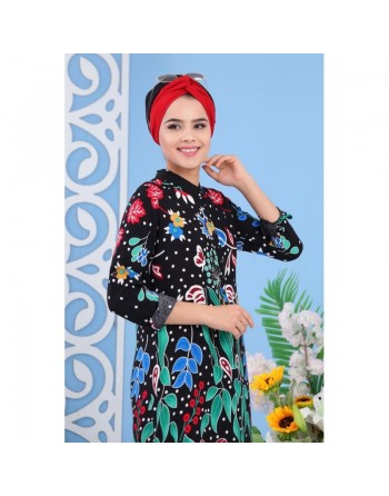 Tunique longue et ample en viscose pour femme - Couleur noire à imprimé floral avec des motifs colorés 