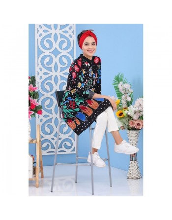 Tunique longue et ample en viscose pour femme - Couleur noire à imprimé floral avec des motifs colorés 