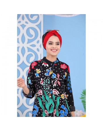 Tunique longue et ample en viscose pour femme - Couleur noire à imprimé floral avec des motifs colorés 
