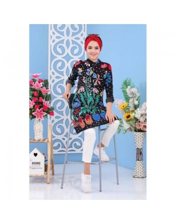 Tunique longue et ample en viscose pour femme - Couleur noire à imprimé floral avec des motifs colorés 
