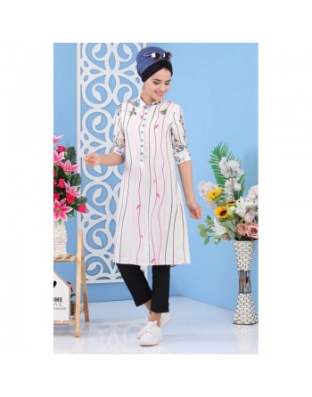 Tunique longue blanche imprimée motifs colorés en viscose pour femme 