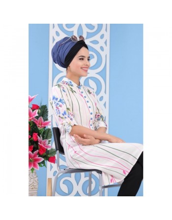 Tunique longue blanche imprimée motifs colorés en viscose pour femme 