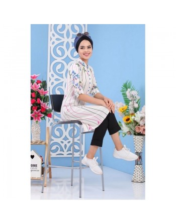 Tunique longue blanche imprimée motifs colorés en viscose pour femme 