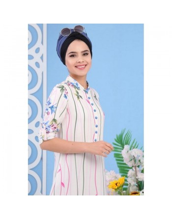 Tunique longue blanche imprimée motifs colorés en viscose pour femme 