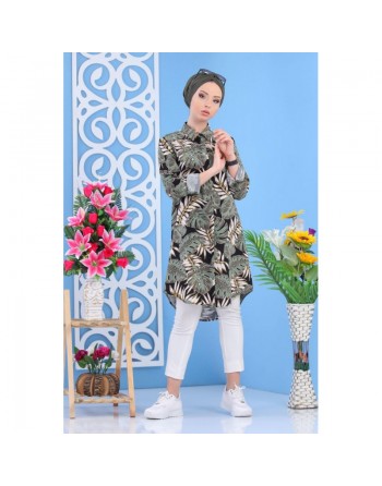 Chemise longue 100% coton à motifs "tropical" pour femme - Couleur kaki 