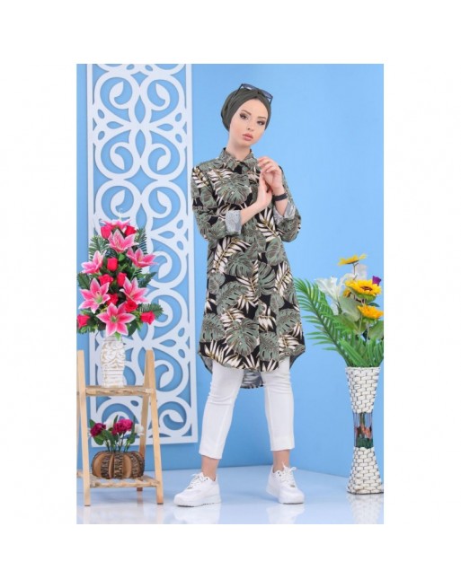 Chemise longue 100% coton à motifs "tropical" pour femme - Couleur kaki Chemise longue 100% coton à motifs "tropical" pour femme - Couleur kaki