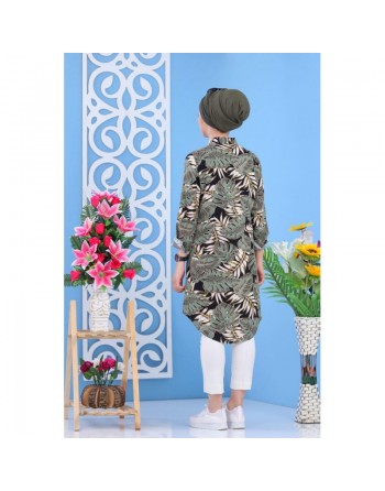 Chemise longue 100% coton à motifs "tropical" pour femme - Couleur kaki 