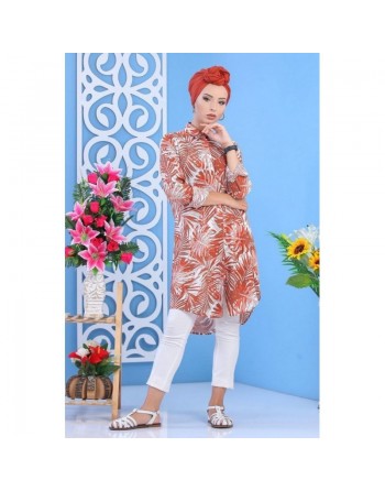 Chemise longue 100% coton à motifs "tropical" pour femme - Couleur orange cuivrée 