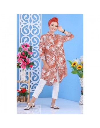 Chemise longue 100% coton à motifs "tropical" pour femme - Couleur orange cuivrée 
