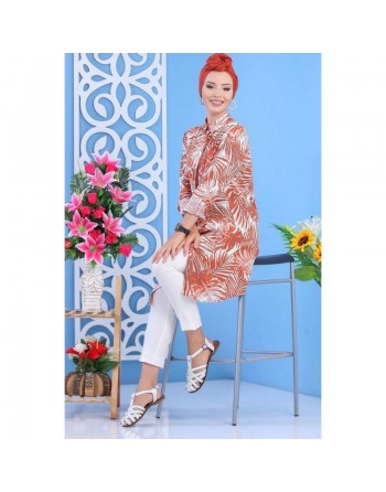 Chemise longue 100% coton à motifs "tropical" pour femme - Couleur orange cuivrée 