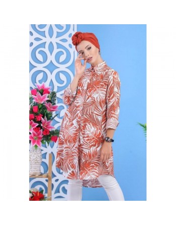 Chemise longue 100% coton à motifs "tropical" pour femme - Couleur orange cuivrée 