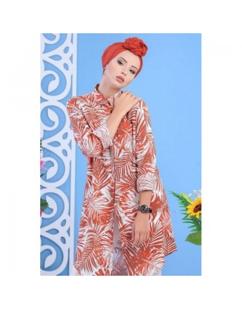 Chemise longue 100% coton à motifs "tropical" pour femme - Couleur orange cuivrée 